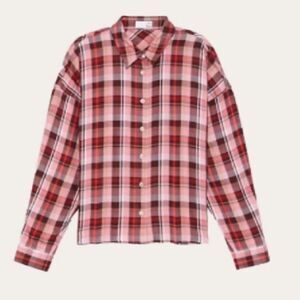 Wilfred L Tereza Pink Red Burgundy White Plaid Long Sleeve Button Down Shirt